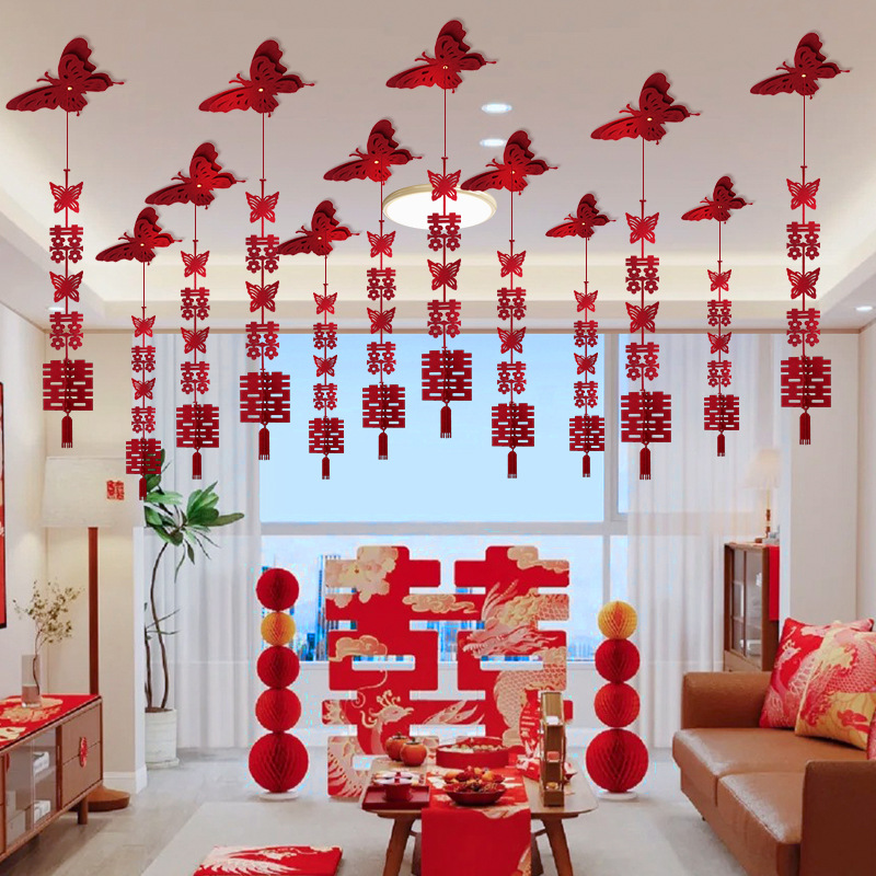 Wedding Room Decoration with Double Happiness Character Garland Ceiling Decoration for Wedding, Male and Female Bedroom, New House, Living Room Fan Flower Butterfly Hanging Ornament