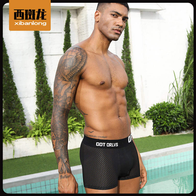 亞馬遜WISH性感透明無縫網紗內褲男夏季中腰商務純色平角褲男