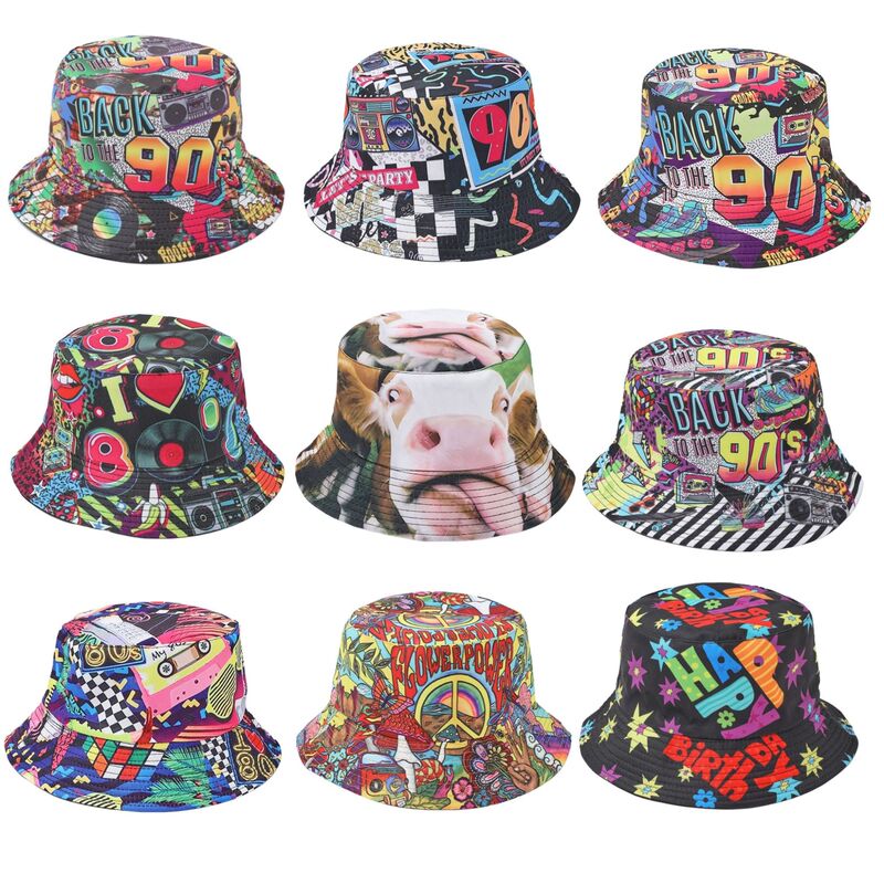 Nostalgic Classic European and American 80S 90S Party Bucket Hat, Unisex Fashion Graffiti Reversible Bucket Hat Trend