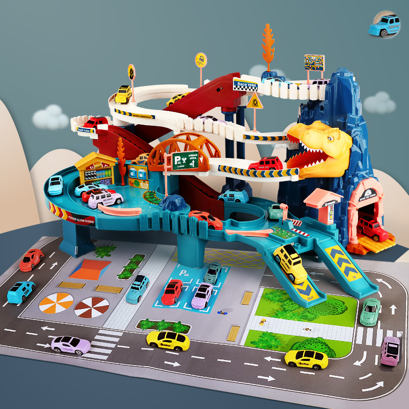 Juego de aventura de montaña tridimensional eléctrico ensamblado para niños Dinosaur Paradise Orbital inercial Coche Juguete