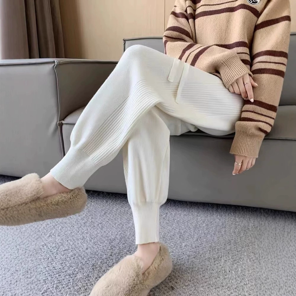 Белые женские брюки, новые осенне-зимние утепленные трикотажные брюки, свободный крой для миниатюрных женщин, брюки-джоггеры длиной до щиколотки, брюки-шаровары.