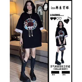 国风宽松圆领刺绣T恤女欧洲站新款百搭中长款上衣HX7256