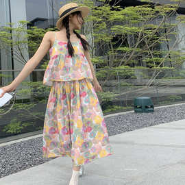 日系甜美油画碎花吊带背心两件套女夏季新款套装休闲度假裙