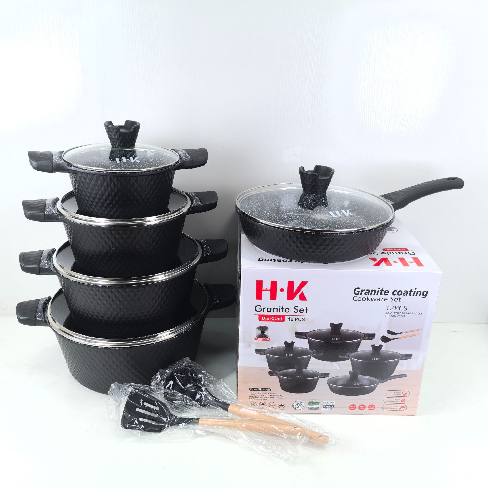 Juego de 10 piezas de utensilios de cocina antiadherentes de mármol con un pequeño patrón de diamantes, juego de ollas de aluminio con revestimiento de piedra Maifan, olla de fundición a presión para cocina de inducción. image 9