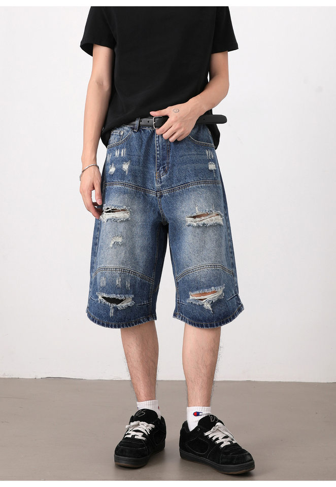 Quần short jean nam dáng rộng phong cách retro, rách giặt mài, lửng ống đứng — Màu xanh dương chi tiết 13