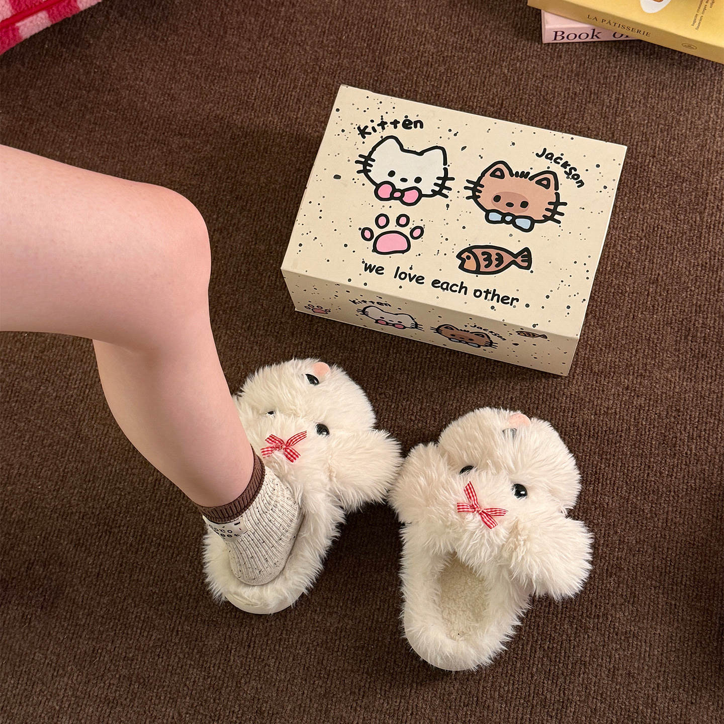 Pantuflas de Peluche Diseño Perrito para Mujer, TPR y Peluche, Antideslizantes, Térmicas, para Casa y Dormitorio