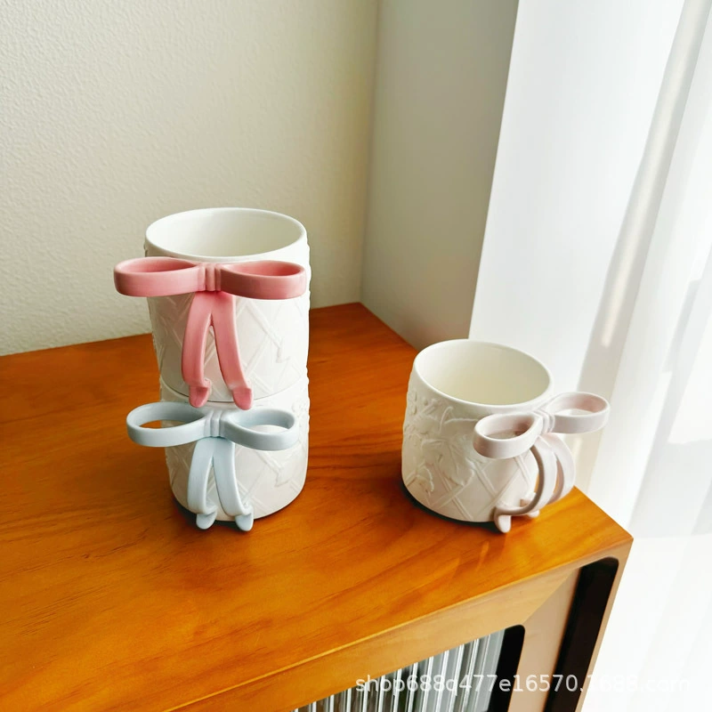 Matte Ceramic Tea Cup with Bow Handle, 380 ml, Microwave & Dishwasher Safe