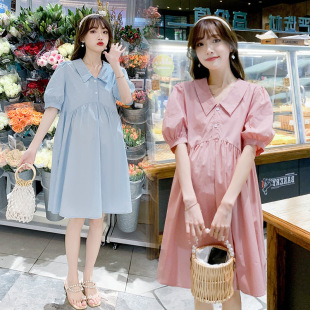Maternity Summer Fashion Simple Solid Color Short Sleeve Lapel dress Loose plus size Casual Skirt Summer Maternity Dress