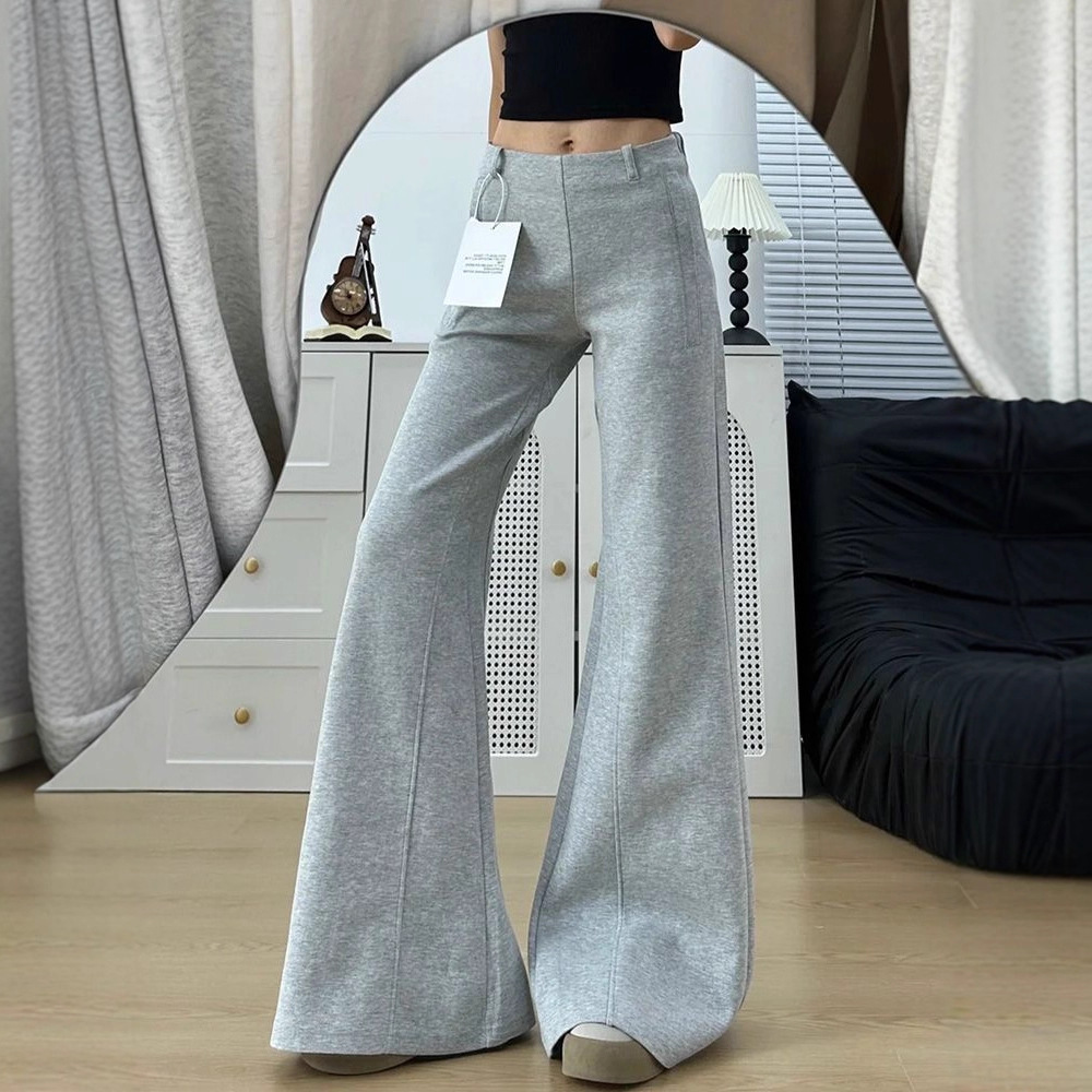 Lulu Gray Low-Waist Thickeneded Boot-Cut Pants for Women in Autumn and Winter, Slimming Look Wide-Leg Sports Pants, Small Flared Sweatpants