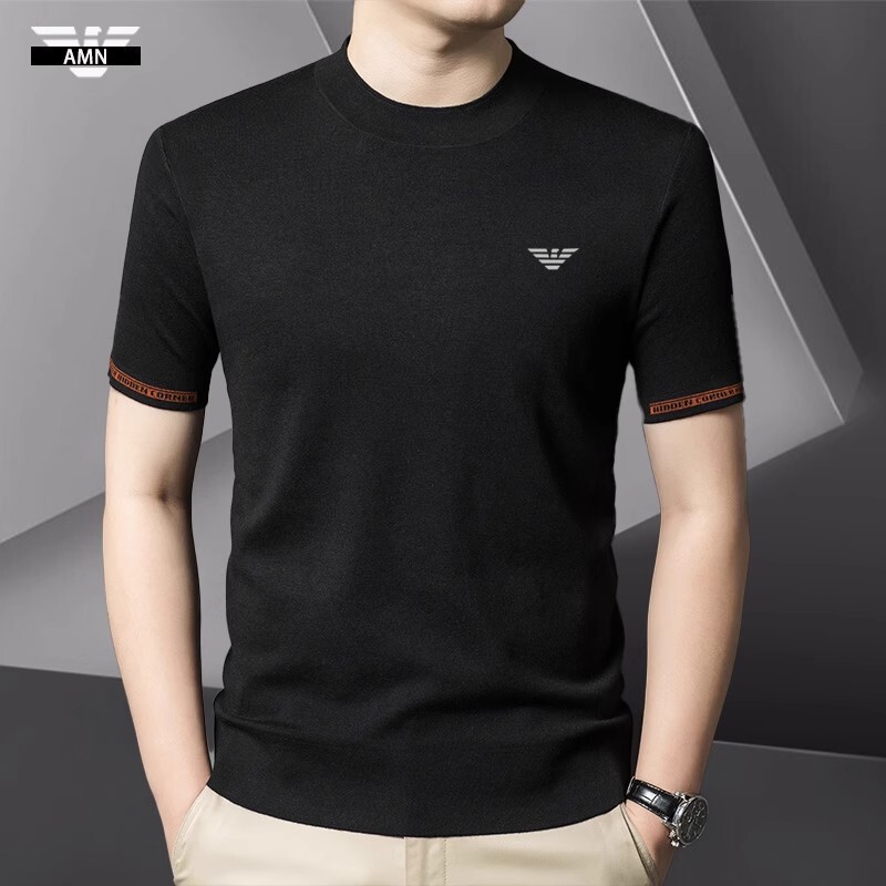 Qia Armania Worsted Wool Sweater Short-Sleeved T-Shirt Men's Spring & Fall New Round Neck Pure Color Knitwear Half-Sleeved Top