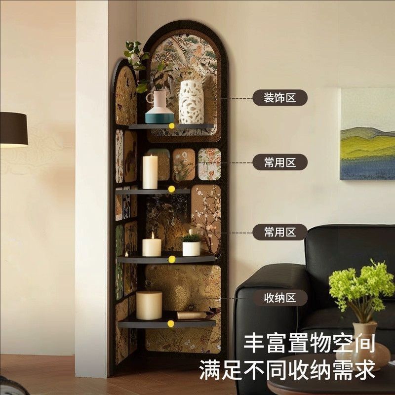 中古风转角置物架法式复古屏风书架一体靠墙三角收纳落地置物架|undefined
