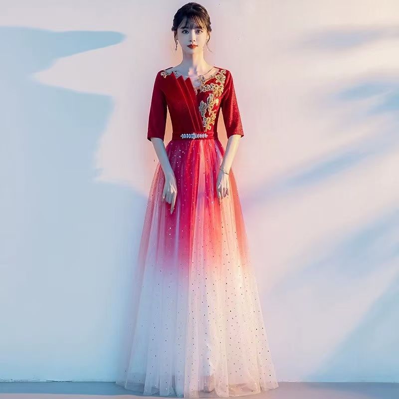 大合唱団パフォーマンス服女性のロングスカート学生赤い歌朗読服ホスト宴会気質スリムイブニングドレス女性|undefined