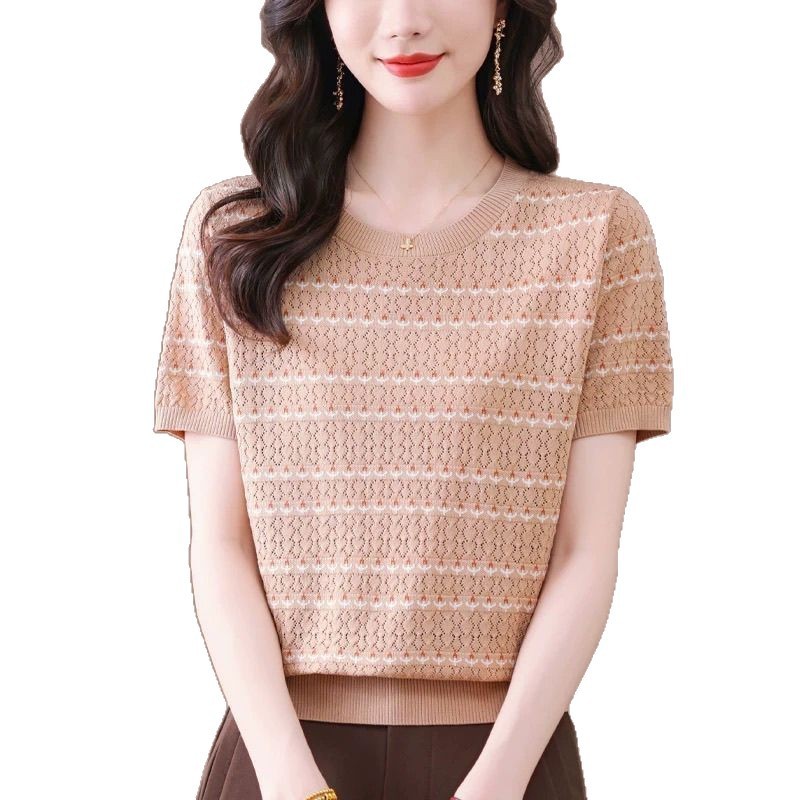 2025 新しい半袖 Tシャツルーズ痩身西洋スタイルママシャツ女性の夏のストライプジャカードアイスシルクセーター|undefined