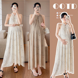 Maternity 2024 Summer New Chinese Style Slip Dress Loose A- line Dress Plant Flower Pullover Long Dress