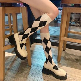 Calf socks rhombus retro academic style jk socks micro-pressure autumn and winter ins trendy wear stockings