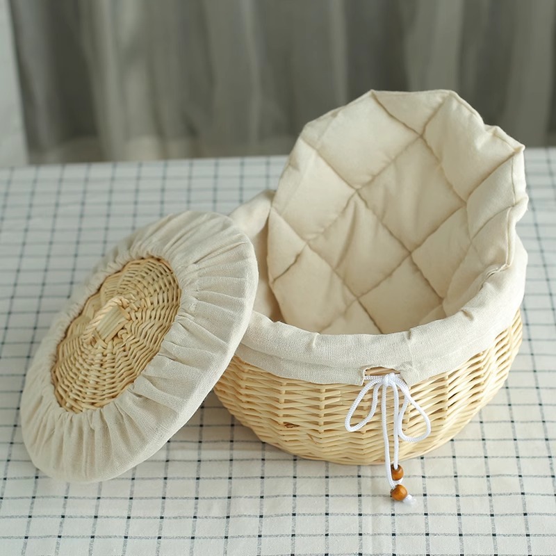 Cesta de pan al vapor tejida de sauce con cubierta, cesta de pan tejida de huevos tejida de comedor casero, marco de pan tejido circular, cesta de pan