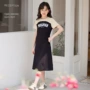 过膝短袖撞色字母裙子