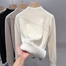 加绒加厚毛衣女2025秋冬女装保暖一体绒内搭半高领纯色针织打底衫