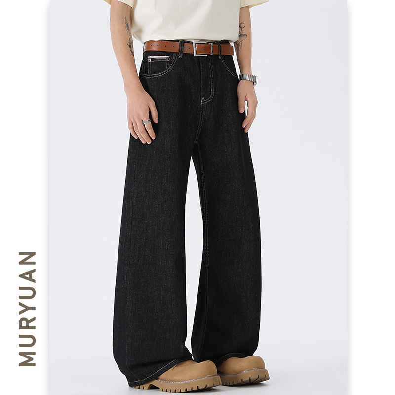Muyuan Men's Wear American-Style Raw Black Denim Jeans Unisex Loose Straight Cleanfit High Street Retro Wide-Leg Pants Muyuan Men's Wear American-Style Raw Black Denim Jeans Unisex Loose Straight Cleanfit High Street Retro Wide-Leg Pants