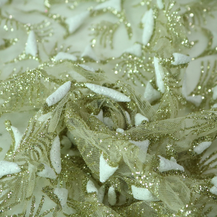 Nuevo tipo de tela de malla primavera y otoño tela espumosa dorada tela de vestido de boda