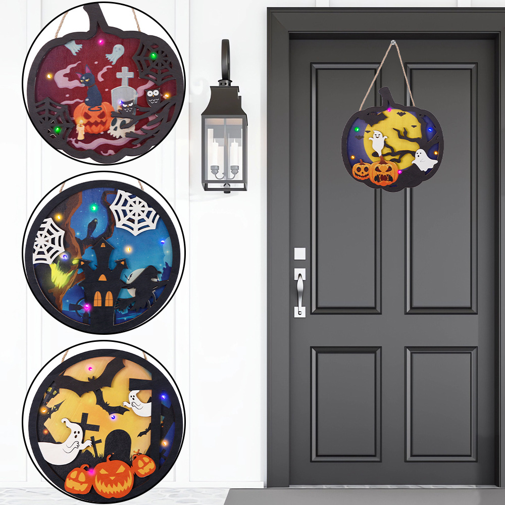 Nuevo Halloween de madera colgante luz-emisor fantasma Festival atmósfera diseño accesorios calabaza fantasma puerta redonda placa adornos