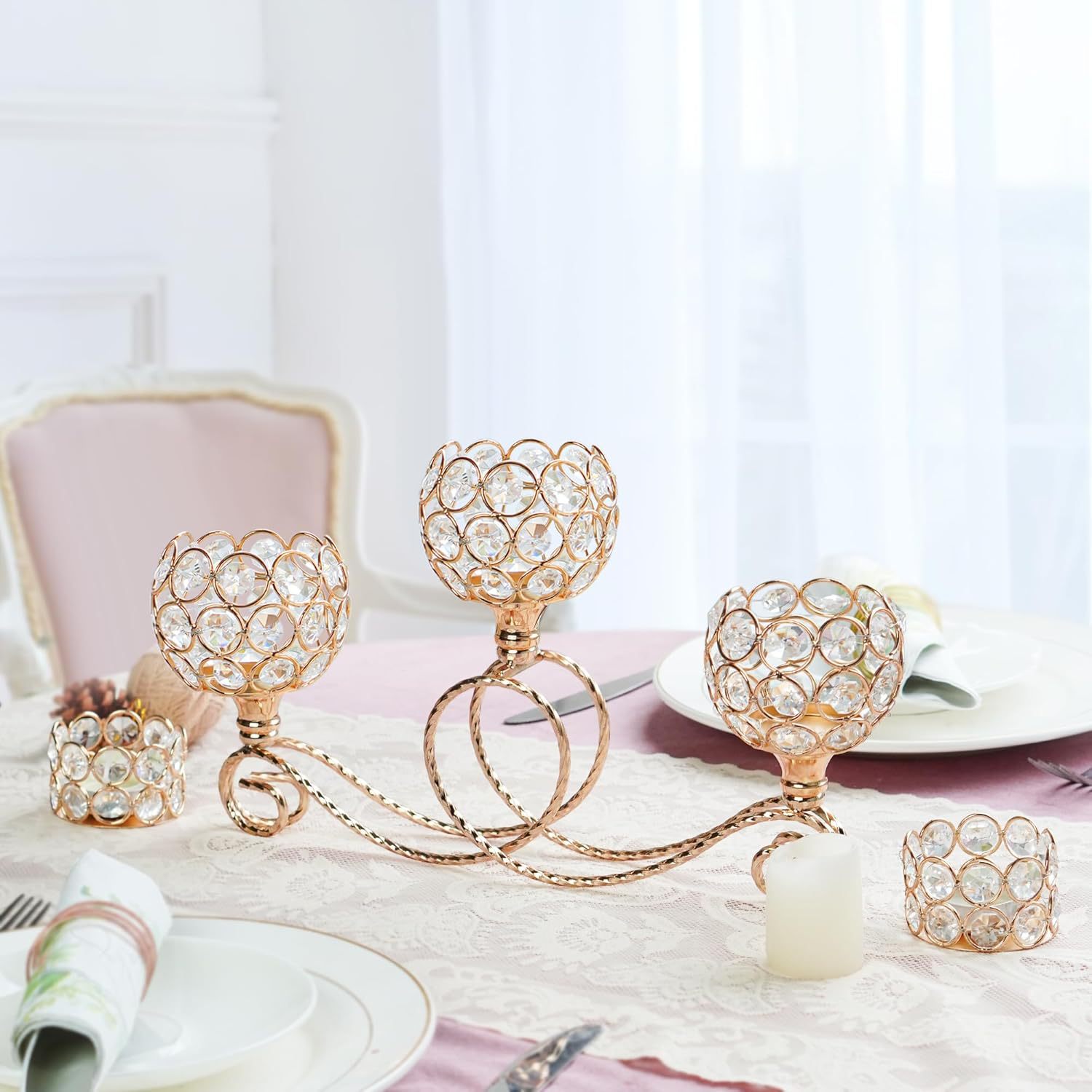 Enchapado de metal moderno nórdico 3 cabezas 5 brazos combinación candelabro de cristal elegante mesa de boda centro decoración candelabro