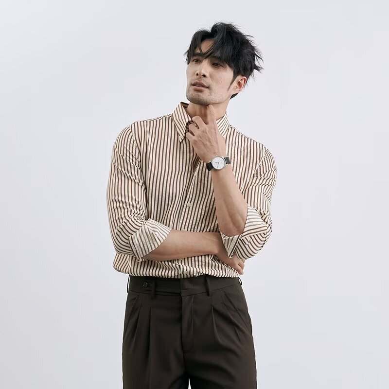Men's Classic Blue and White Striped Casual Business Shirt French Loose Long Sleeve Casual Elegant Interior Shirt Trendy Men's Classic Blue and White Striped Casual Business Shirt French Loose Long Sleeve Casual Elegant Interior Shirt Trendy