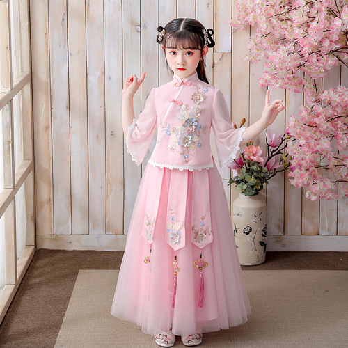 Girls ancient style Hanfu Pink Fairy Princess Dresses  Ru skirt spring Chinese style Tang suit Stage performance film cosplay Qipao Dresses for Baby