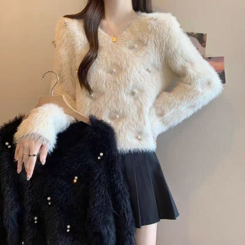 韓国版の新しい光沢のある新年クリスマスセーター女性のための秋と冬の新しいミンクベルベットデザインソフトワックスルーズトップ|undefined