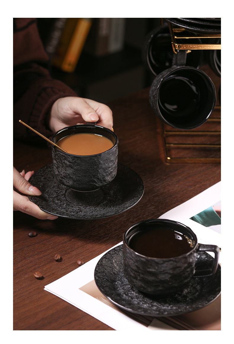 Matte Rock Pattern High Value Ceramic Coffee Cup And Saucer Set With Spoon Afternoon Tea Storage Rack Retro Home Gift Box_voghion.com