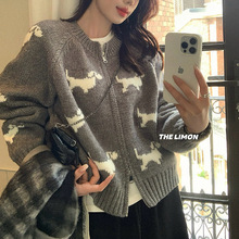 韩系灰色小狗提花毛衣外套女秋冬慵懒宽松双拉链针织开衫短款上衣