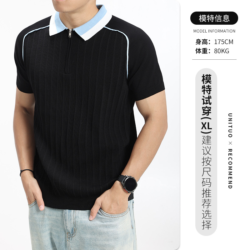 Hombres de alto nivel con la solapa de hielo camiseta de polo de punto hombre de negocios casual verano a rayas verticales camiseta de manga corta hombre