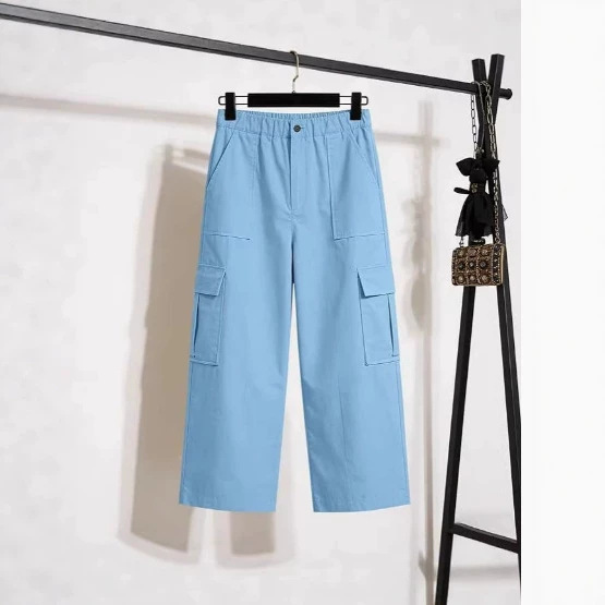 2026 European and American Amazon Women's Solid Color Pocket Casual High-Waisted Travel Loose Straight Cargo Cross-Border Cropped Pants