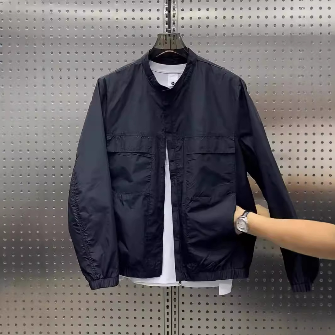 Simple Henry collar workwear new jacket autumn top versatile casual baseball collar versatile short slit jacket_voghion.com