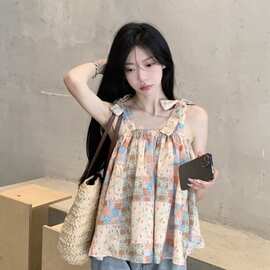 法式设计感印花吊带背心女夏季2023新款宽松显瘦减龄无袖短款上衣