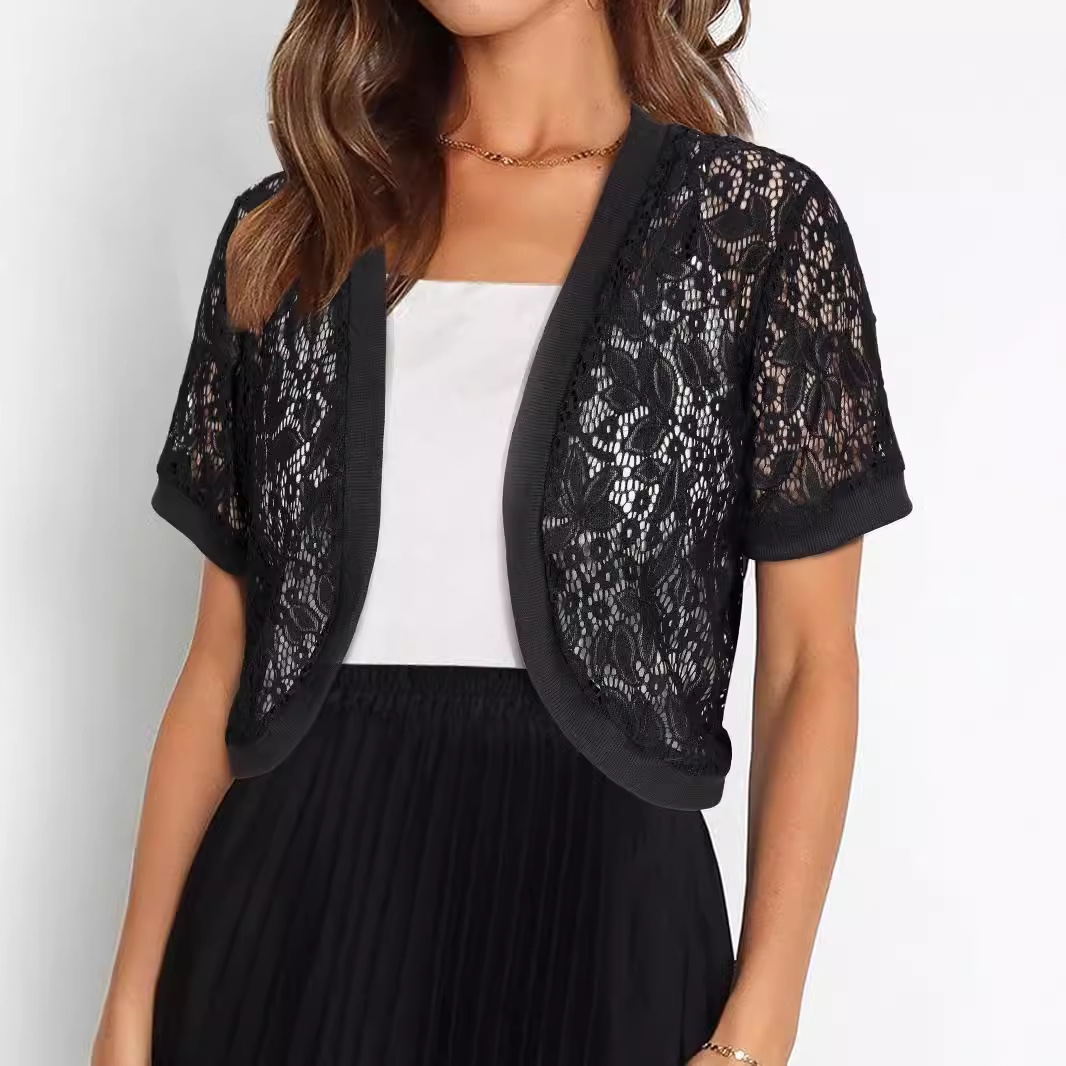 2025 Amazon Cross-Border Fashion Tops for Women, Short Lace Outer Matchinging Design Lace Knitwear Cardigan