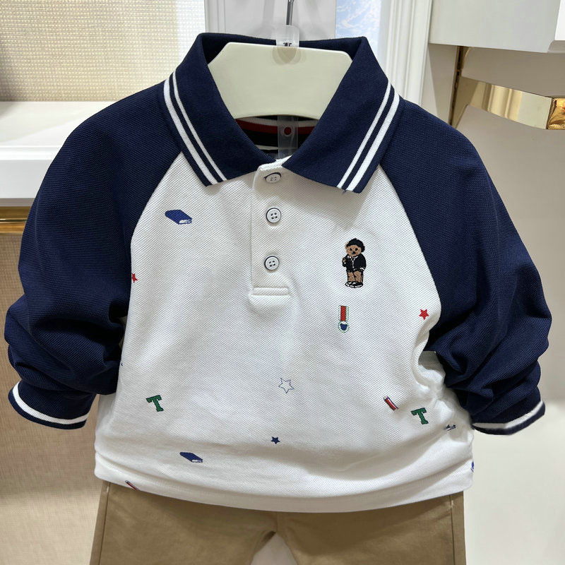 春秋の新作、男の子用クマ柄襟付きカラーブロックプリントポロシャツ、長袖Tシャツ、トレンディで多用途なトップス|undefined