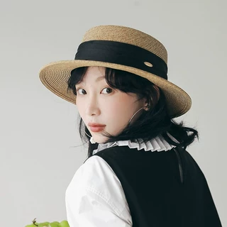 高品质2025新款夏季新款平顶草帽女海边沙滩防晒法式优雅遮阳礼帽