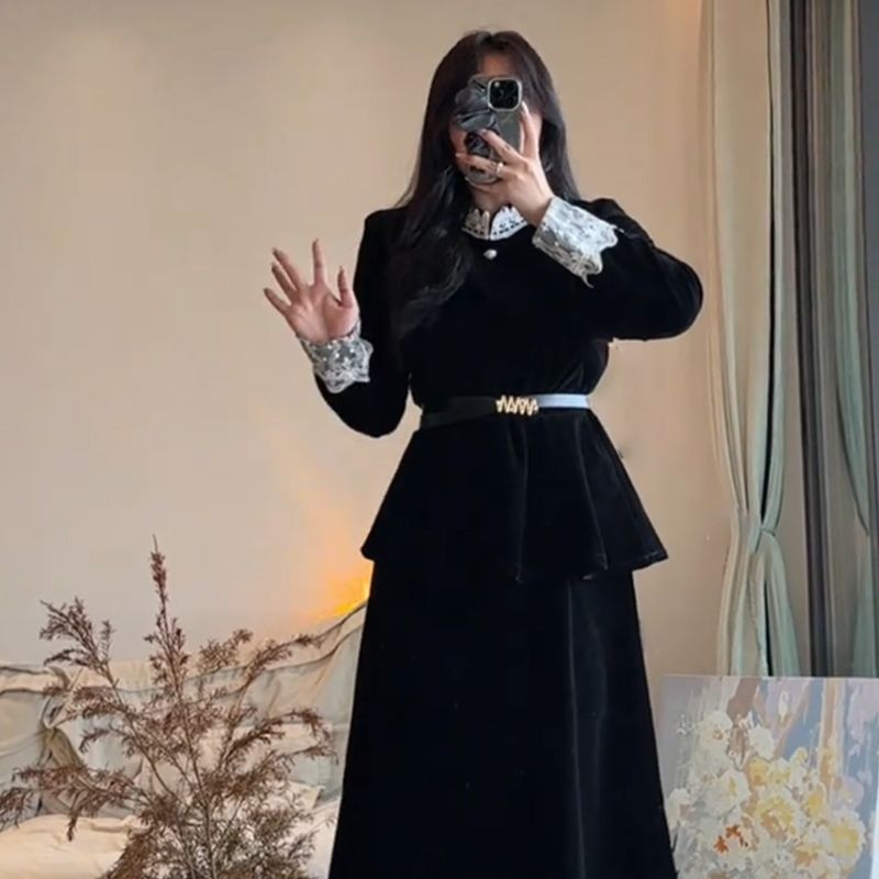 大码女装法式气质假两件蕾丝拼接连衣裙秋冬微胖mm绝美显瘦小裙子|undefined