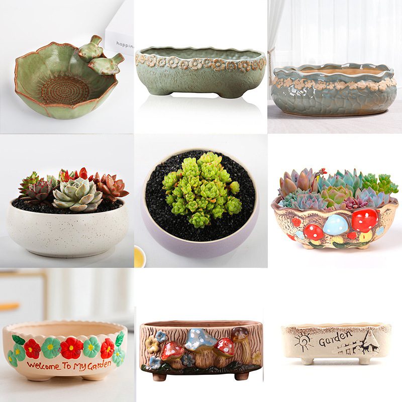 Simple Platter Succulent Plant Flower Pot Ceramic Creative Personality Small Coarse Pottery Breathable Large Diameter New Internet Celebrity