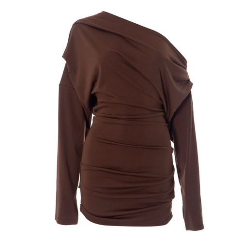 W241DS European & American Fashion Autumn New Arrival Solid-Color Off-Shoulder Long-Sleeve Sexy High-Waist Slim-Fit Short Waist-Controlled Dress