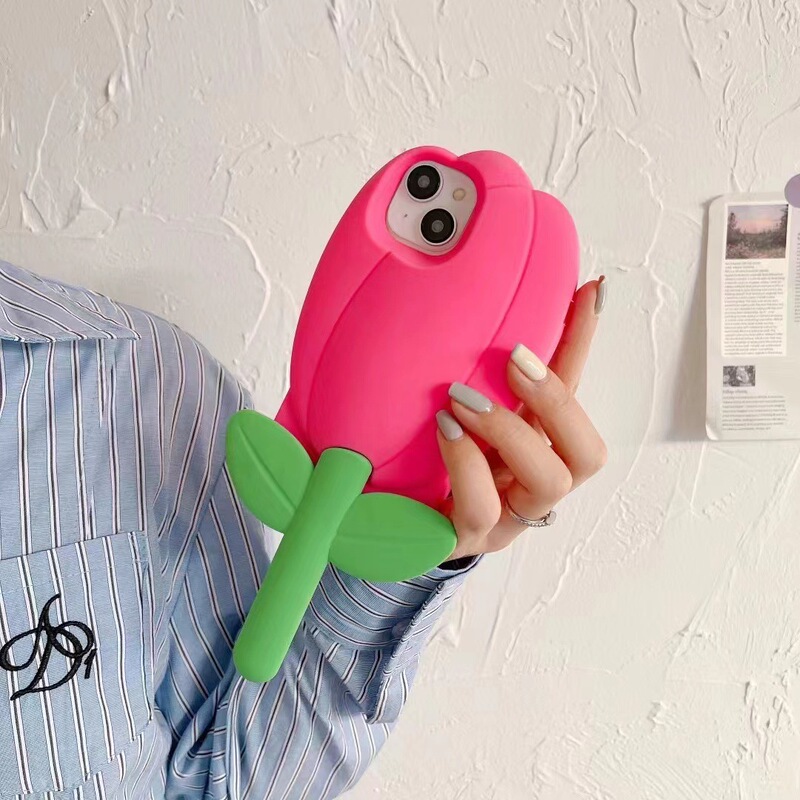 Japanese and Korean ins three-dimensional pink tulip for iPhone15Pro mobile phone case Apple 11 personality 13 silicone 12