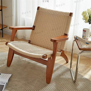 Simple Rattan Solid Wood Sofa Chair Balcony Living Room Chair Leisure Rope Single Backrest Lazy Home Sofa Factory