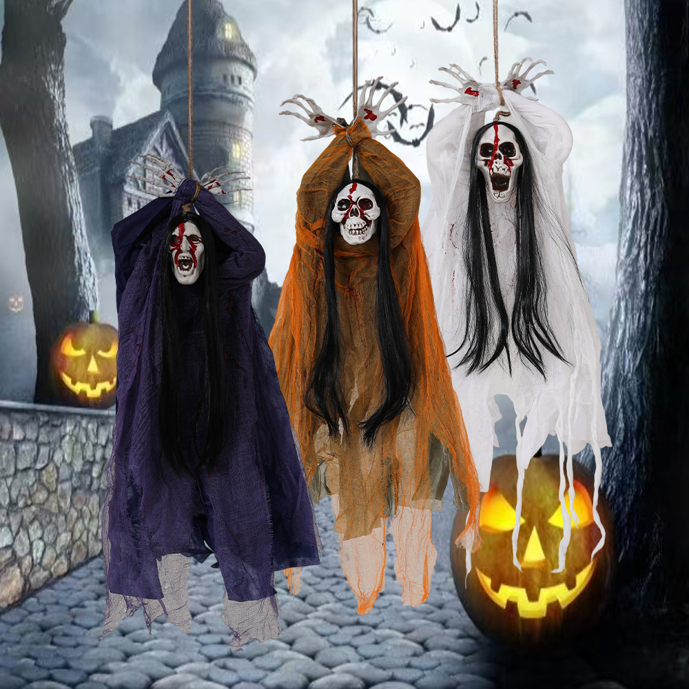 Halloween transfronterizo colgar fantasmas de tres cabezas cascada colgar fantasmas habitaciones secretas patio colgar decoración de horrores accesorios