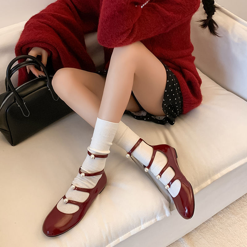 Kmeizu French Fairy ~ Flat Roman Mary Jane Shoes Female Designer High-set Pearl Single-button Shoes