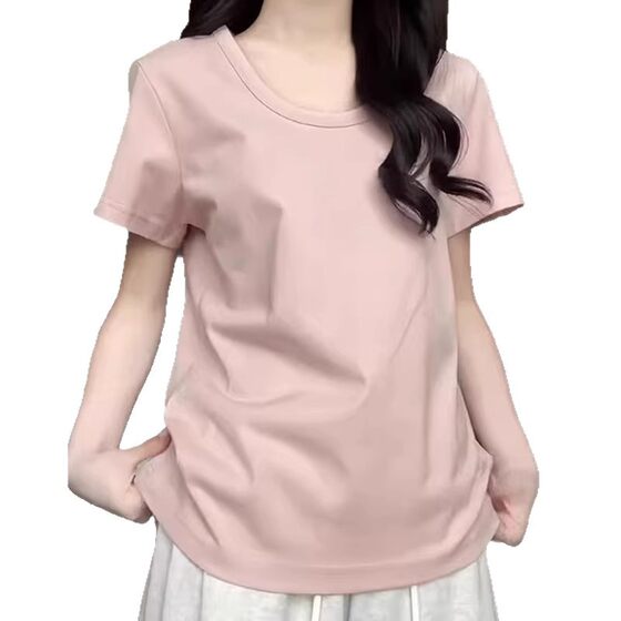 Pink U-neck Wide Loose Shoulder Short-sleeved T-shirt Women's Summer 2025 New Lazy Casual Solid Color Half-sleeved T-shirt Top