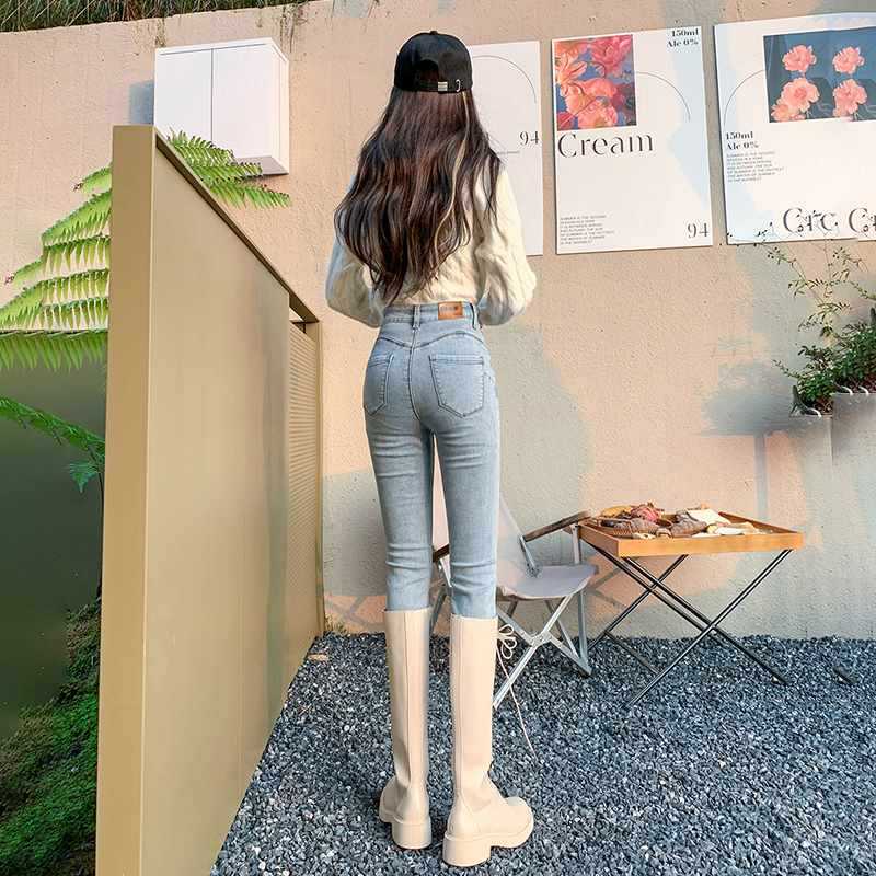 加绒高腰牛仔裤女皮牌提臀裤新款加绒九分弹力紧身小脚裤