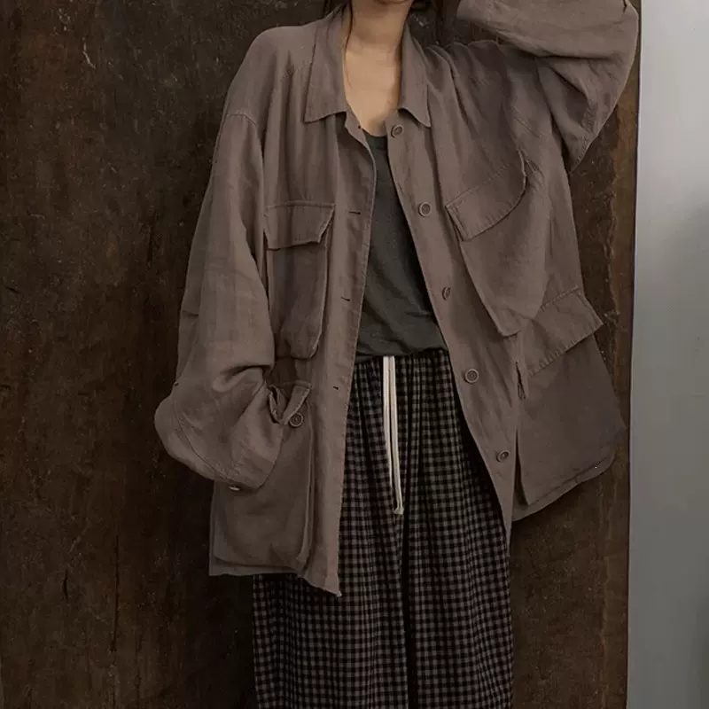 Owis 张婧仪同款复古亚麻工装外套女 宽松衬衫 慵懒风休闲百搭