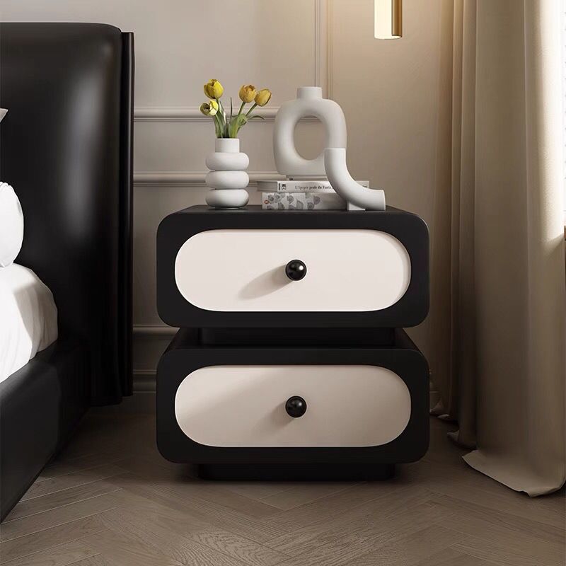 Italian Minimalist Light Luxury Solid Wood Bedside Table Simple Modern French Cream Style Storage Cabinet Black Leather Bedside Table