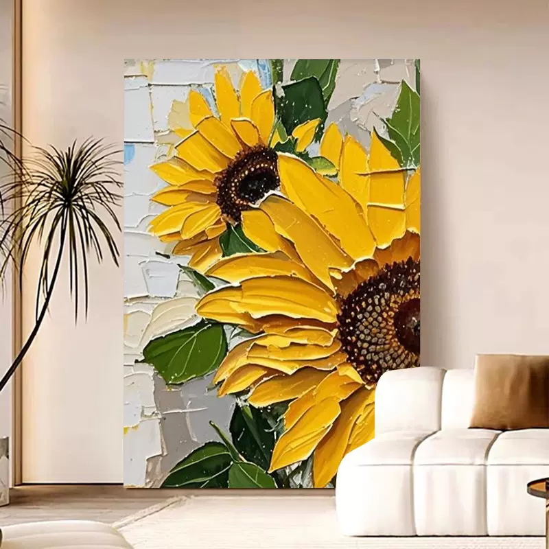 纯手绘油画《向日葵》客厅沙发背景装饰画玄关餐厅挂画厚肌理壁画